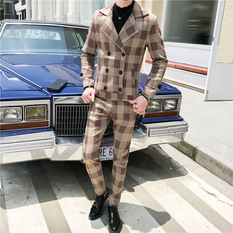 2019 autumn double-breasted men's plaid suit 2-piece suit (blazer + suit pants) men's fashion casual Slim large size plaid suits