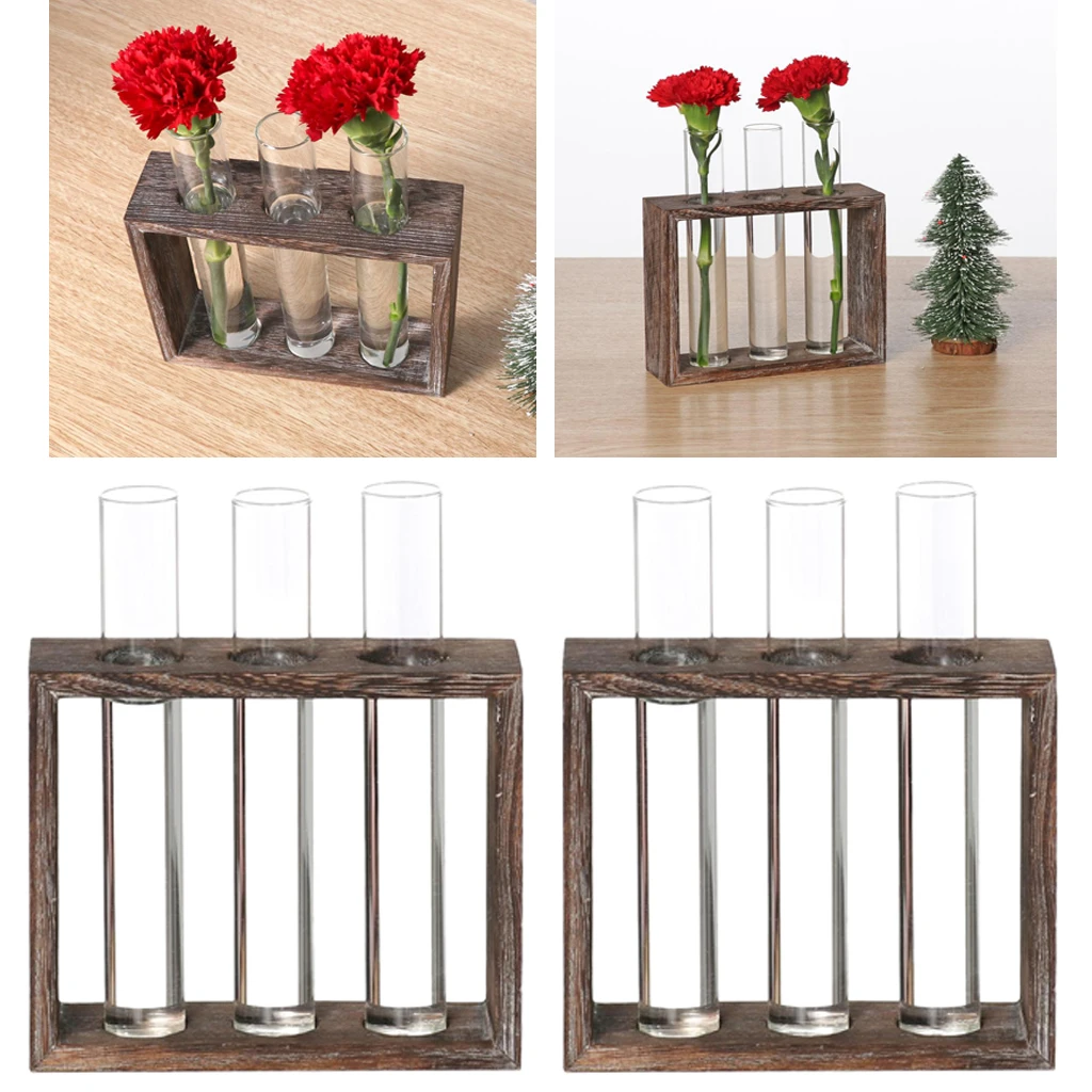 2pcs Test Tube Flower Vase ChairWooden Stand for Hydroponic Plant 3 Tube
