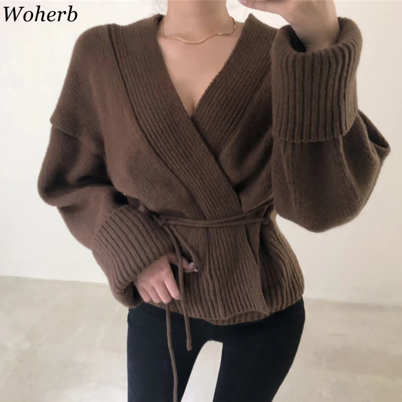 

Woherb 2019 Autumn Winter Knitted Cardigan Women Bandage Sweater Jacket Top Korean Elegant Sexy Criss-cross Jumper Kint Coat