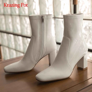 

Krazing pot large size stretch boots high street fashion catwalk square toe thick high heel zipper modern mature ankle boots L23