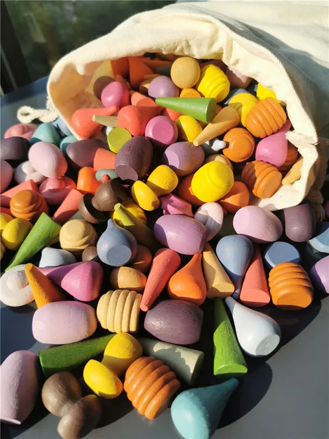 6pcs Children Wooden Rainbow Mandala Loose Parts Toys Mushrooms Honeycomb Droplets Tree Cones Mini Coins Building Blocks 2