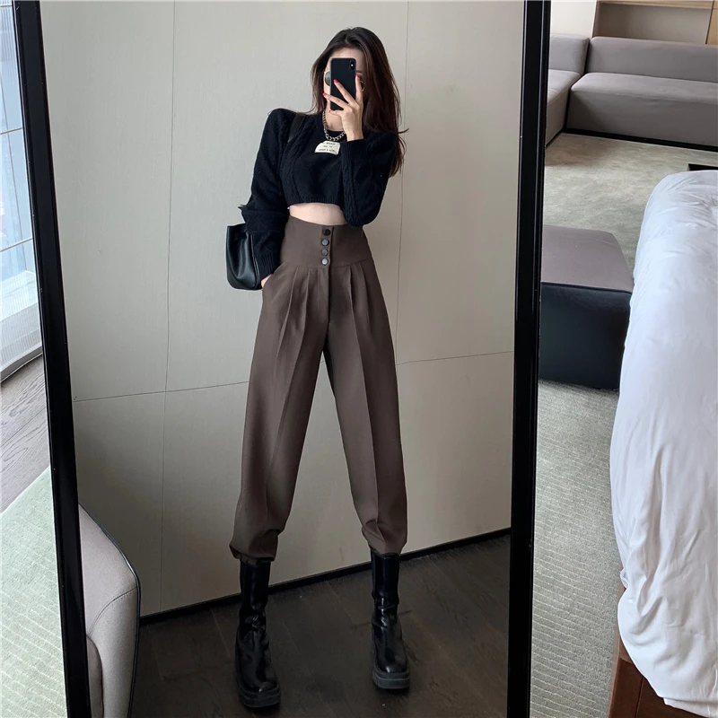 khaki pants YUANYUANJYCO Spring Autumn Women Long Casual Harem Pants Korean Style Fashion High Waist Buttons Khaki Black Cargo Trousers black cargo pants