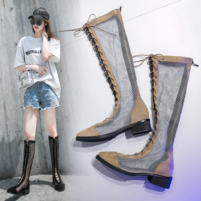 

Headband Mesh Boots in Summer And High in Flat Sandal Boots Bag Hollow out Chunky-Heel Hose Gauze INS Fashion Gauze Cover Heel S