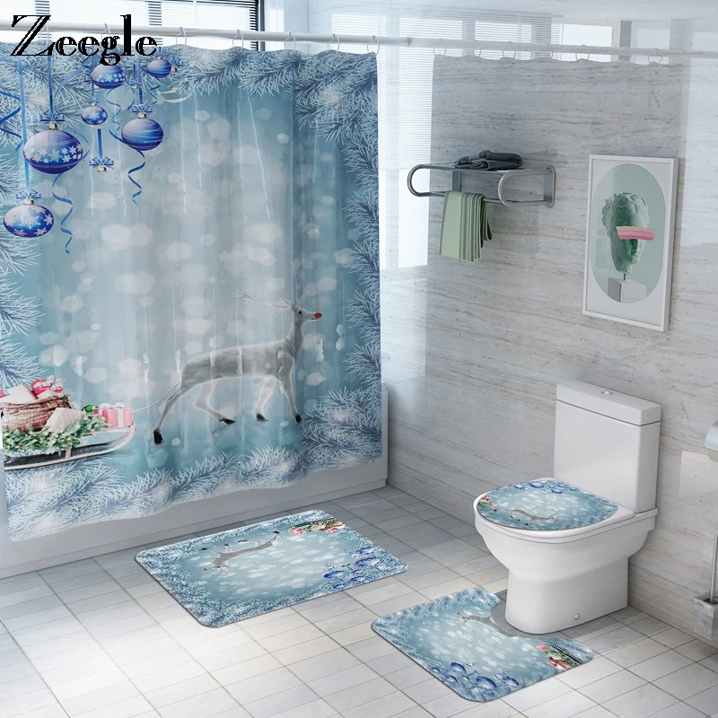 Zeegle Bath Mat and Shower Curtain Set Christmas Bathroom Carpets Anti Slip Toilet Pedestal Rug Foot Mat Absorbent Toilet Set