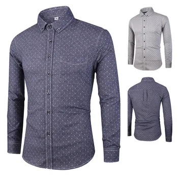 

Fashion Men's Shirt New Washed Polka Dot Print Korean Slim Casual Long Sleeve Shirt Men