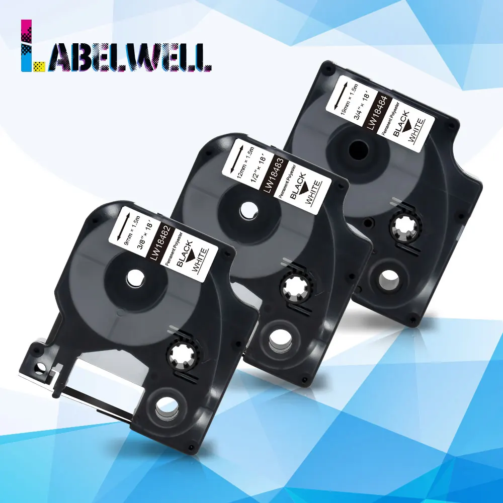 

Labelwell Multisize 18482 18483 18484 Permanent Polyester Labels Black on White replace for Dymo Rhino Industrial Label Maker