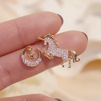 Korean Fasion Creative Asymmetry Unicorn Women Earrings AAA Bling Zircon Moon Star Stud Earring Wedding Jewelry for Bridal