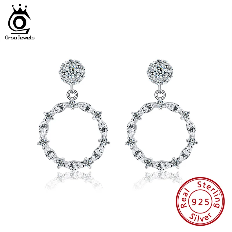 ORSA JEWELS Аутентичные 925 Серебряные Круглые висячие серьги новейший прозрачный AAAA фианит романтические