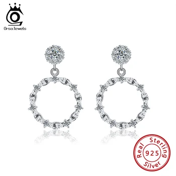 

ORSA JEWELS Authentic 925 Silver Circle Dangle Earrings Newest Clear AAAA CZ Romantic Drop Earring Fine Gift Party Jewelry SE290