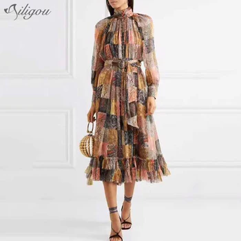 

Ailigou 2020 Fashion Retro Print Plaid Ruffled Lady Dress Contrast Lantern Long Sleeve High Waist Belt Sexy Dress