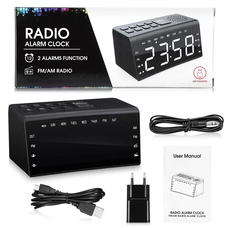 Radio Alarm Clock, Fm Am Radio With 2 Alarm Clock And Big Screen Adjustable Light Number Night Vision Clock Thermometer European
