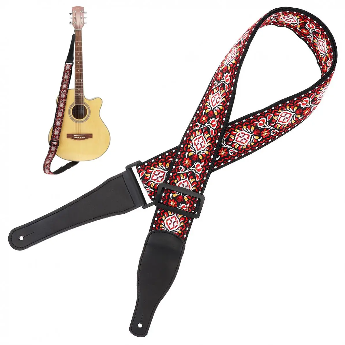 

Guitar Strap Jacquard Weave Double Fabric Guitar Strap Flower Pattern Genuine Leather Ends with for Acoustic Electric Guitar