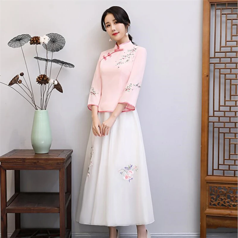 Рубашка с цветочной вышивкой+ юбка qipao Костюм для женщин Современная китайская одежда традиционный воротник cheongsam qipao топ+ юбка комплект
