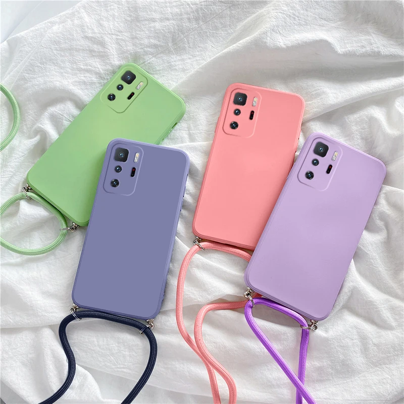 For Xiaomi Redmi Note 11 11S Case Square Liquid Silicone Lanyard Case Mi 11 Lite 5G Poco X3 Redmi Note 10 9 K50 Neck Rope Cover pouch mobile