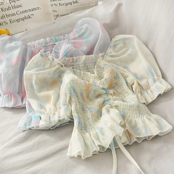 

sweet style mesh women blouse v-neck puff sleeved drawstring ruffles short high waist lady elegant pulls tops tees