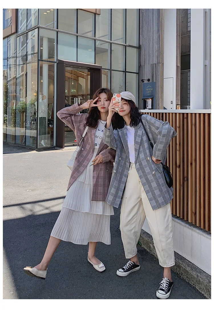 Корейский ulzzang ретро плед Повседневные однотонные женские брюки костюмы зубчатый блейзер с воротником куртка Женский костюм осень высокое качество