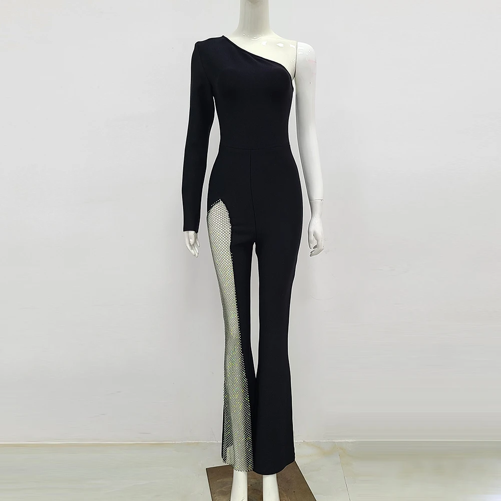 High Quality Women\'s One Shoulder Long Sleeve Black Bandage Jumpsuit Hollow Diamond Jumpsuit Celebrity Fashion Party Jumpsuit