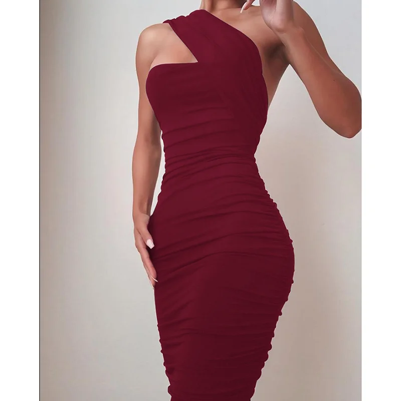 

Women Sexy One-shoulder Sleeveless Solid Bodycon Slim Pleated Sheath Dress Vestidos Female Casual Night Club Party Dress SJ4694U