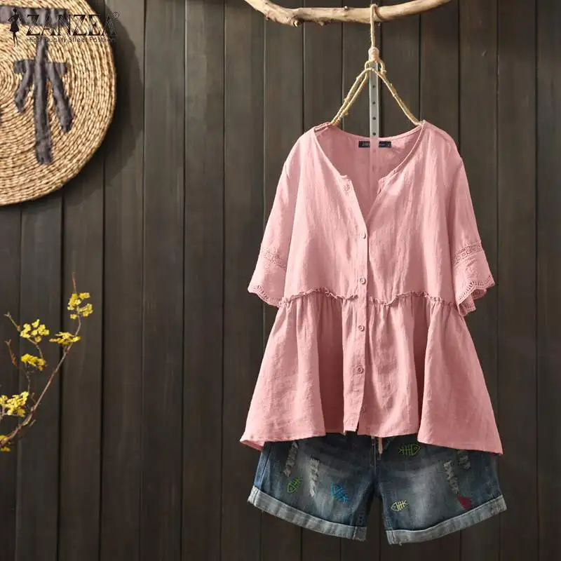 Summer Ruffles Blouse ZANZEA Women Short Sleeve Lace Crochet Shirt Vintage Cotton Linen Blusas Chemise Solid Tunic Top Mujer Summer Ruffles Blouse ZANZEA Women Short Sleeve Lace Crochet Shirt Vintage Cotton Linen Blusas Chemise Solid Tunic Top Mujer