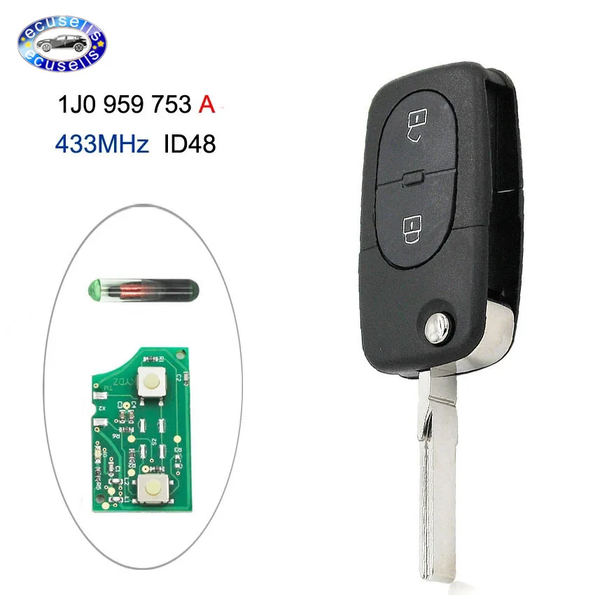 2 кнопки 433 Мгц дистанционный ключ 1J0 959 753 A для VW PASSAT GOLF MK4 1998-2000 с чипом ID48 |