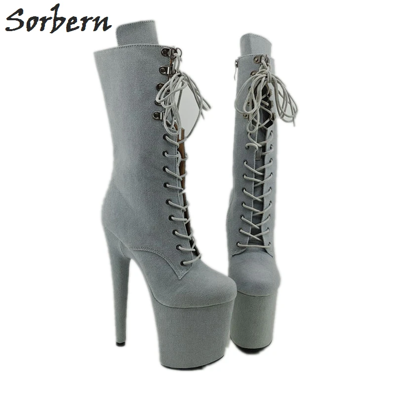

Sorbern Pale Blue Jeans Boots 8 Inch High Heel Pole Dancer Boot Size 44 Unisex Shoe Platform Heels Custom Mid Calf Lady Shoes