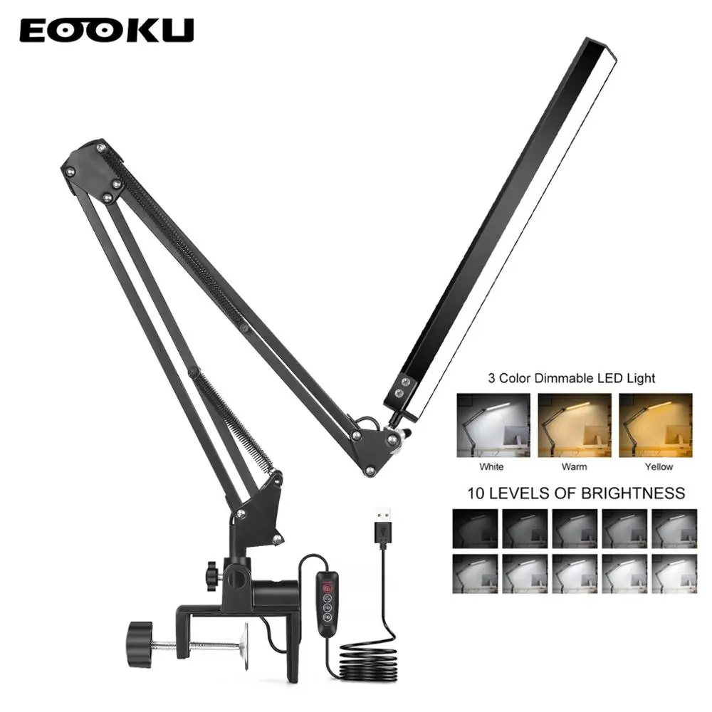 EOOKU Table Lamp Metal Folding Long Arm Desk Light Non-Slip Desktop Clip 3-Color 10-Level Dimming For Reading/Daily Lighting