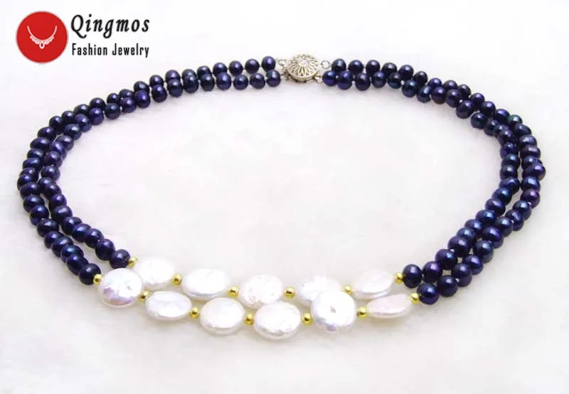 Qingmos 6-7mm Round Natural Black Pearl Necklace for Women with 12-13mm Coin Round White Pearl Pendant Necklace 2 Strand 17-18''