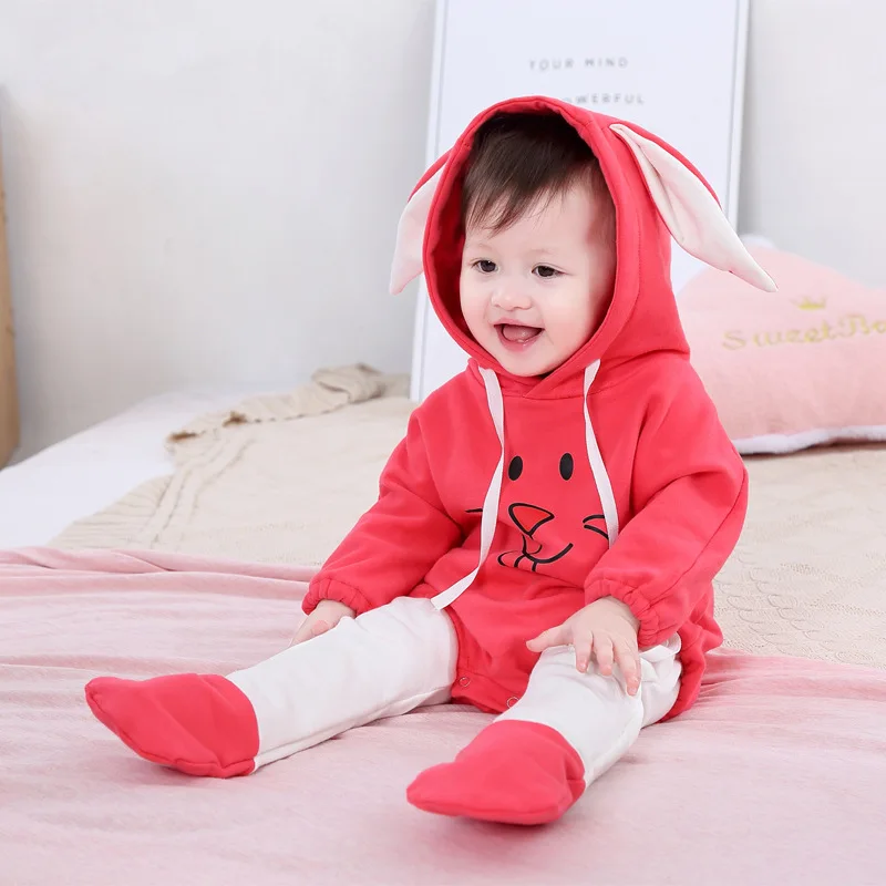 

Baby Suit Spring And Autumn 0-3-Year-Old Female Baby Cotton Clothes Rabbit Eared One Piece Pantyhose Fleece Two-Piece Set