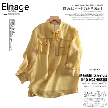 

Elnage Layered Ruffled Long Sleeve Top Chiffon Shirts Bright Silk Solid Loose Slim Fit Lace Up Blusas Mujer De Moda Korean 5A670