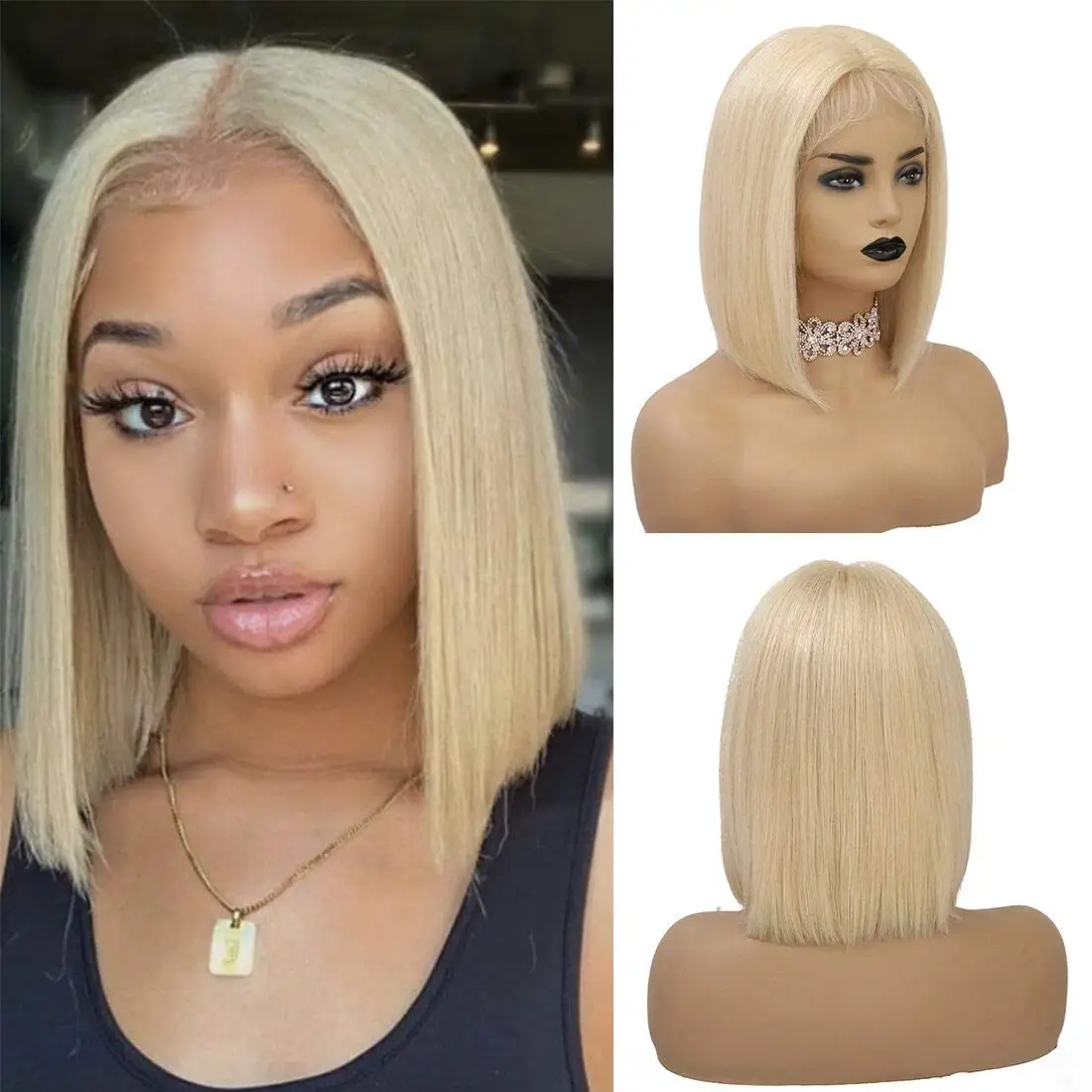 Perucas de Cabelo Dianteira do Laço Perucas de Renda para Preto Parte do Meio t em Linha Loira Humano Parte Peruca Reta 613 Curto Feminino Pré Arrancadas Aleesa Bob 5 High Quality Apliques e perucas