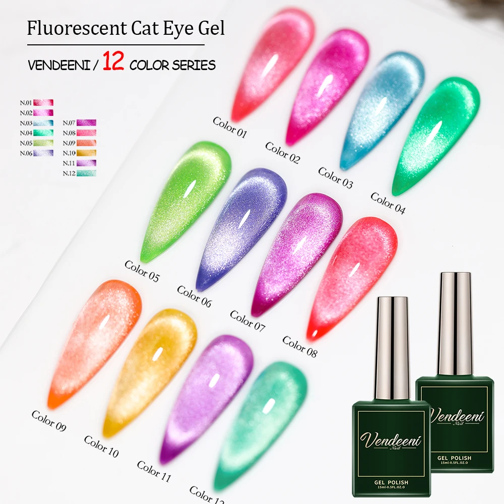 Vendeeni 12 Colors Fluorescence Cat Eye Gel Nail Polish Uv Led