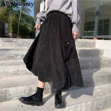 Японская Харадзюку осень зима Женская Асимметричная юбка миди с высокой талией черная свободная Jupe Femme винтажная вельвет длинная кавайная юбка