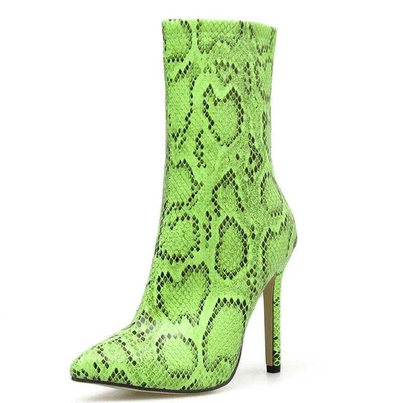 

Autumn Snake Print Boots Women High Heels Zip Stiletto Ankle Boots Fetish Stripper Green Boots Serpentine Pumps Shoes Size 42