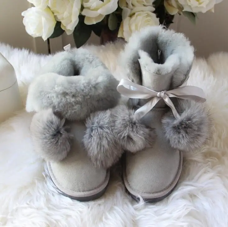 SHUANGGUN Free shipping! New Brand Natural Sheepskin Leather snow boots for women Real Wool inside lady winter warm Boots - Цвет: gray