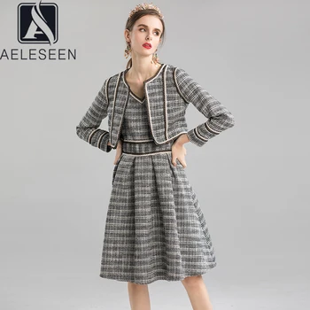 

AELESEEN Retro High Quality Woollen Twinset Mixed Bright Silk Short Cardigan + Sleeveless Midi Dress English Style Plaid Set
