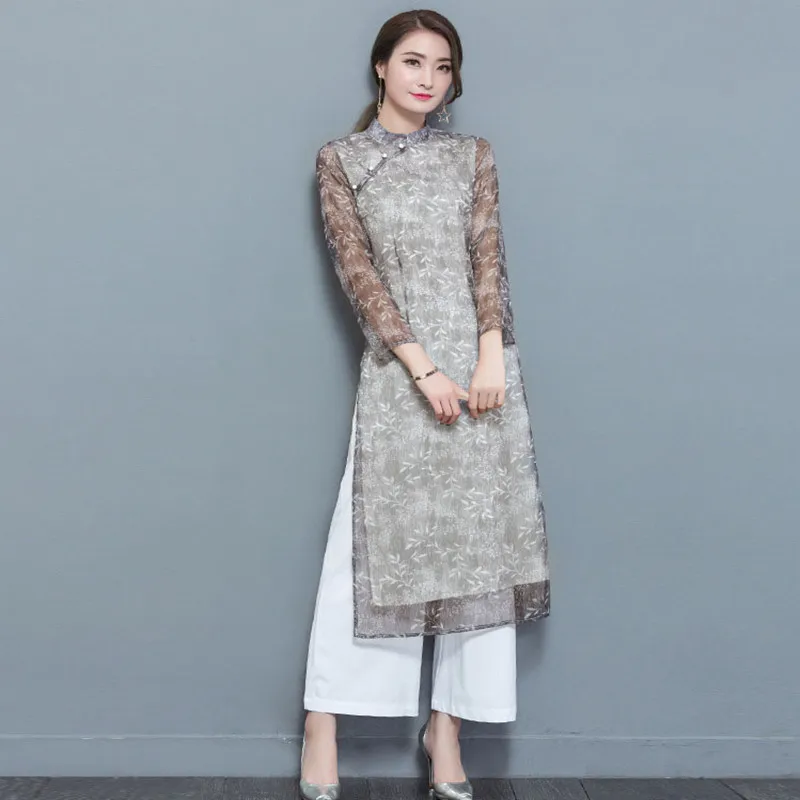 As the picture Женский шифон Aodai вьетнамская традиционная одежда Ao Dai вьетнамские халаты и брюки женский комплект 2 шт. платья улучшенный Cheongsam - Цвет: As the picture