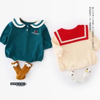 

WLG baby casual rompers toddler spring autumn sailor collar long sleeve beige green letter printed romper kids soft clothes