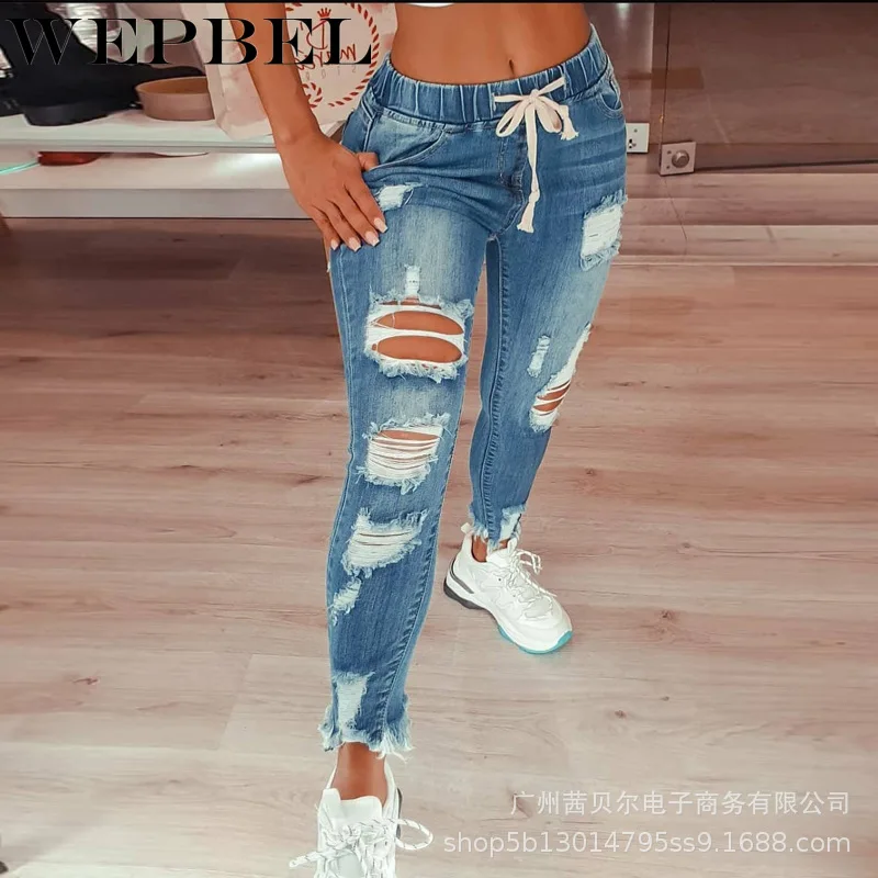 

WEPBEL Autumn Lace-up Mid-Waist Slim Fit Washed Denim Pencil Pants Women's Sexy Hole Bleached Ripped Jeans