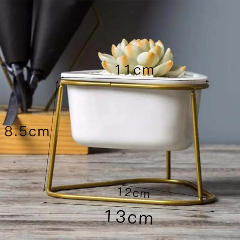 Nordic Hotel Office Metal Holder Ceramic Pot Decorative Desktop Planter Set Balcony Garden Indoor Ornament Geometric Home