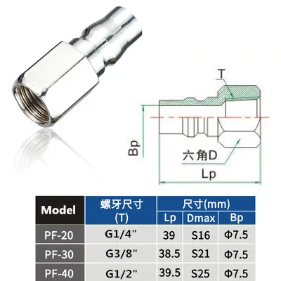Пневматические Фитинги запасные части для воздушного компрессора быстроразъемный соединитель высокого давления к трубному шлангу аксессуары PP20 SP20 - Цвет: PF20-30-40