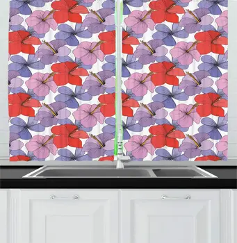 

Dark Coral Lavender Blue Violet Kitchen Curtains Close Up Pattern Hibiscus Flower Silhouettes Plain Background Window Drapes