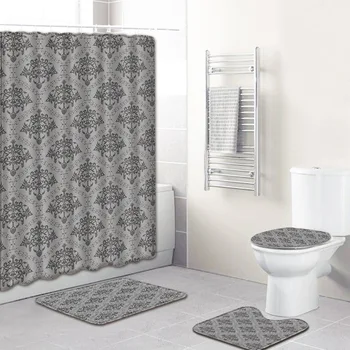 

Print Shower Curtain 4 Piece Carpet Cover Toilet Cover Bath Mat Pad Set Bathroom Curtain with 12 Hooks