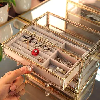 

Jewelry Display Velvet Gray Case with Glass Cover Jewelry Ring Display Box Tray Holder Storage Box Organizer