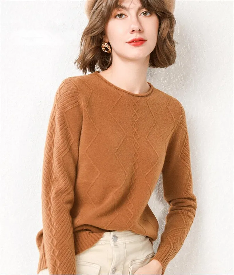 GCAROL New Women O Neck Curled Rhombic Sweater Fall Winter 30% Wool Cashmere Thick Jumper Stretch Warm OL Knitted Pullover S-3XL