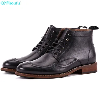 

QYFCIOUFU Luxury Brand Man High-Top Carved Brogue Martins boots British Designer Genuine Leather men's lace up Ankle Boots