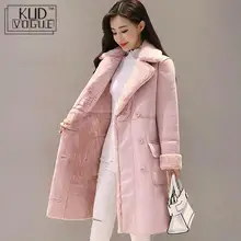 Женское замшевое меховое зимнее пальто, модное плотное длинное пальто из искусственной овчины, пальто для женщин, однотонный теплый Тренч