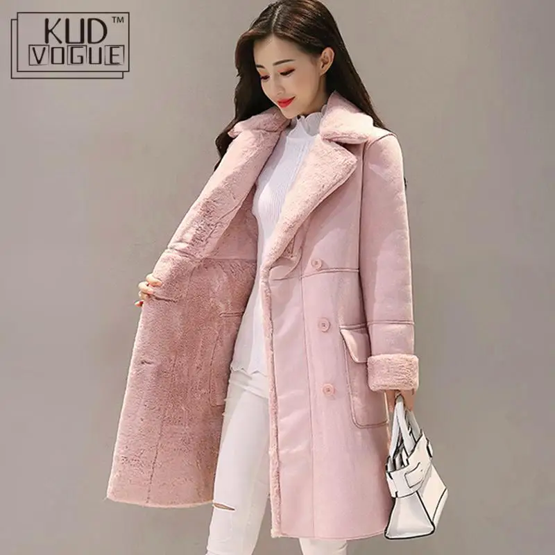 Prix Femmes daim fourrure hiver manteau 2018 mode épais fausse peau de mouton longue veste pardessus femme solide chaud Trench manteaux