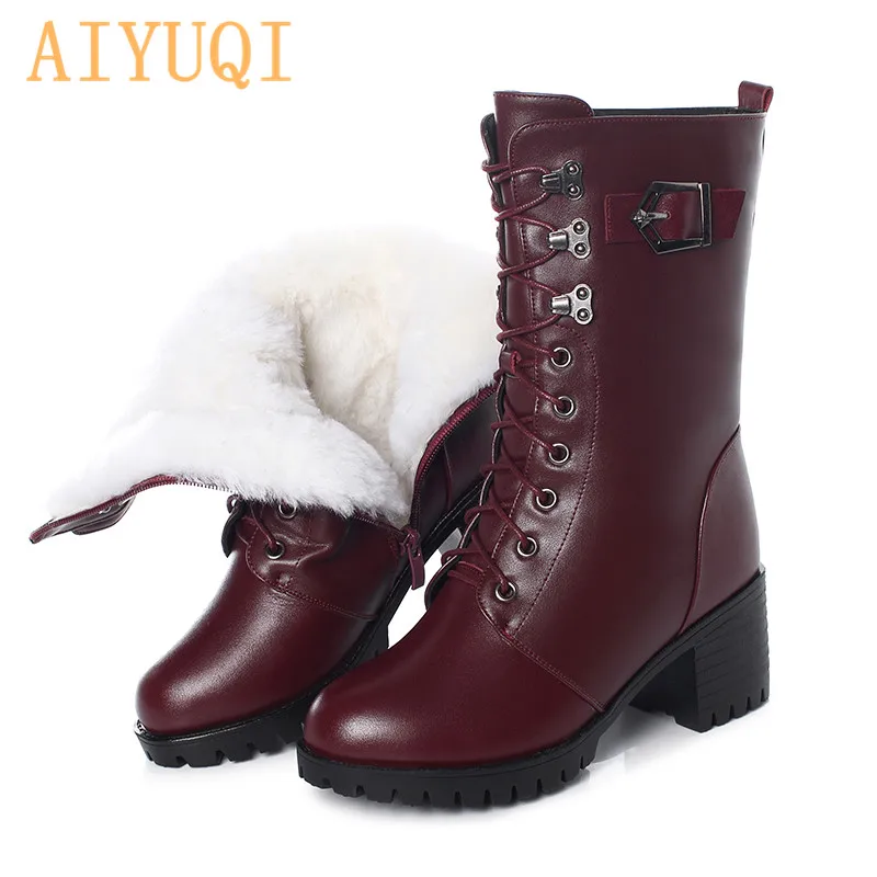 

AIYUQI Martin Boots Women Genuine Leather High-heeled Large Size Motorcycle Boots Women New Wool Warm Winter Boots for Women