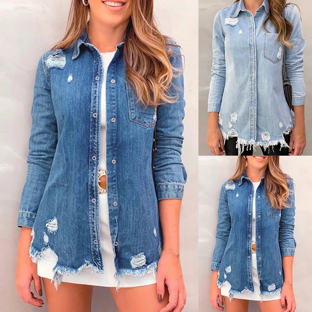 

Vertvie Spring Autumn Women Denim Blouse Loose Casual Turn Down Collar Blue Ripped Denim Shirt Women Long Sleeve Tops Streetwear