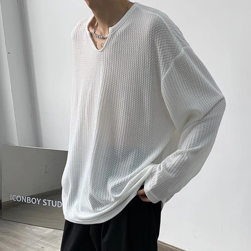 Sun Protection Breathable See Through Sexy Unisex Oversized T-shirt Long Sleeve V Neck Men Clothing 2022 Trend Woman Tee Punk
